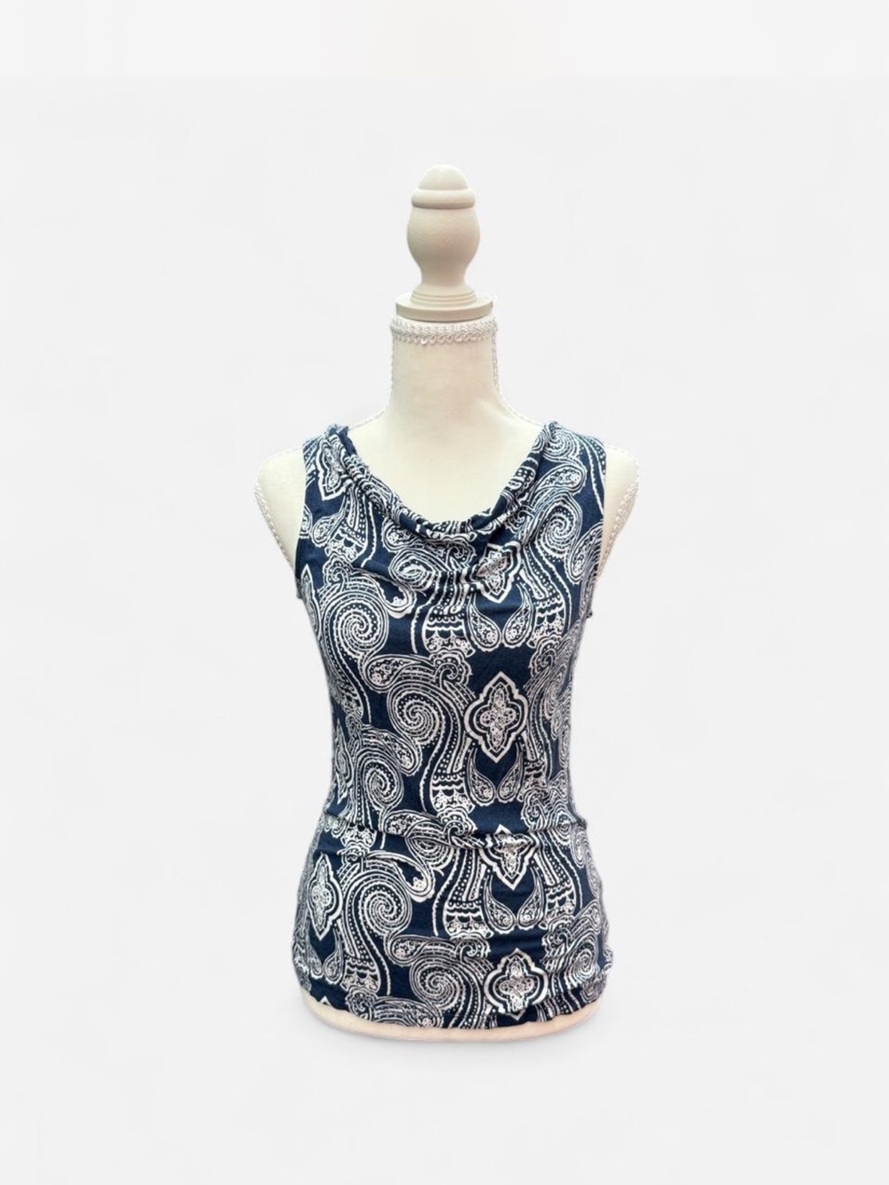 Vintage Y2K Merona Navy and White Paisley Cowl Neck Tank